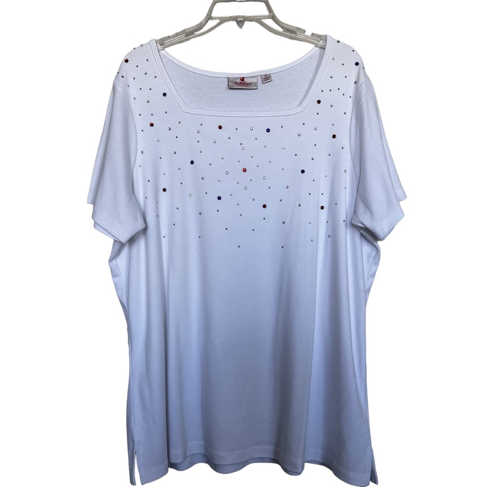 QUACKER Factory Women’s Sz 1X Square Neck White Knit Top Sequined